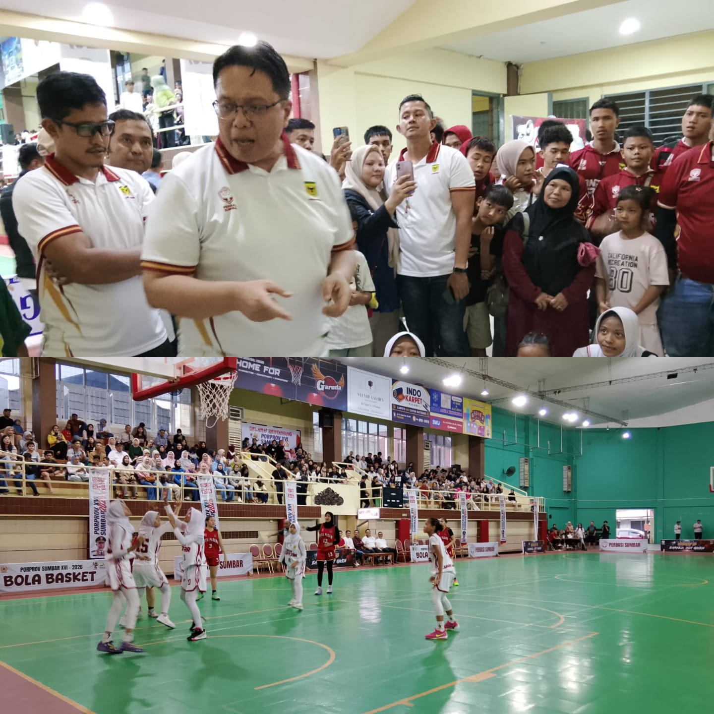 Wabup Ahmad Fadly beri semangat tim Basket Tanahdatar usai ditundukan Kita Padang. (chandra antoni)
